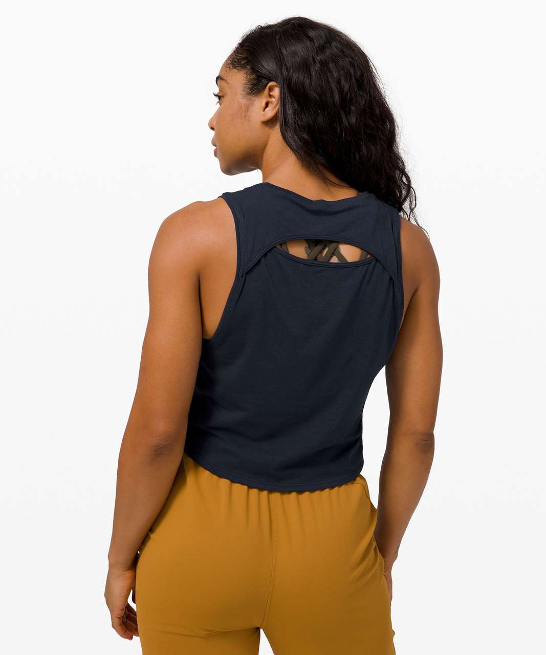 Navy Keyhole Back Crop Top with Clasp & Champion Leggings