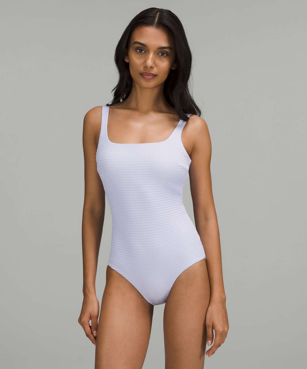 Lululemon Waterside Square-Neck One-Piece Swimsuit *Smocked B/C Cup, Medium  Bum Coverage - Hyper Stripe Pastel Blue - lulu fanatics