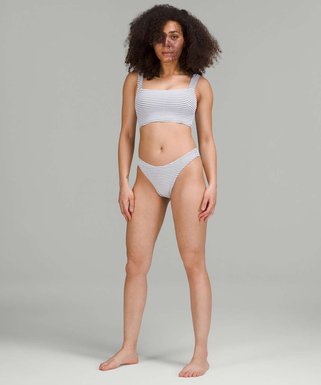 Lululemon Smocked Mid-Rise Skimpy-Fit Swim Bottom - Hyper Stripe White True  Navy - lulu fanatics