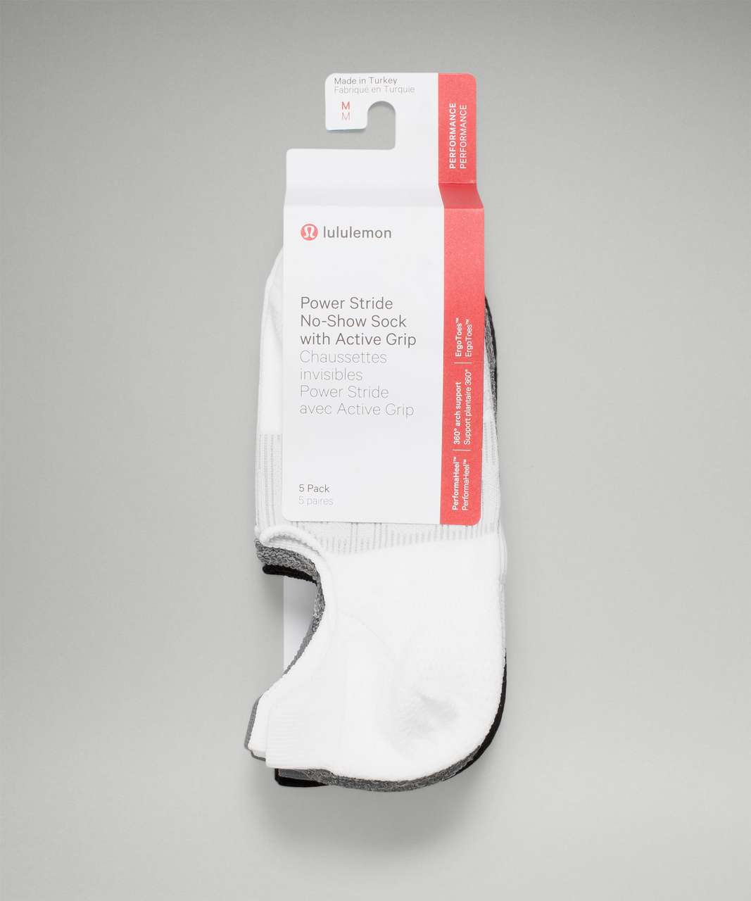 Lululemon Power Stride No-Show Sock with Active Grip 5 Pack - White / Heather Grey / Black