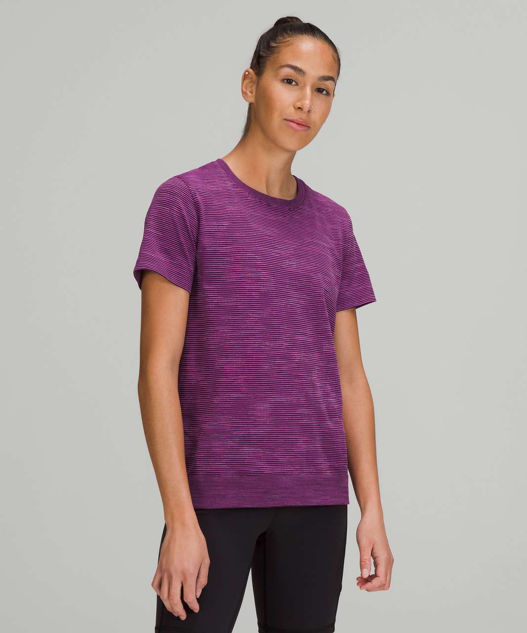 Lululemon Swiftly Relaxed Short Sleeve - Chroma Check Stripe Vivid Plum / Black / Vivid Plum Multi