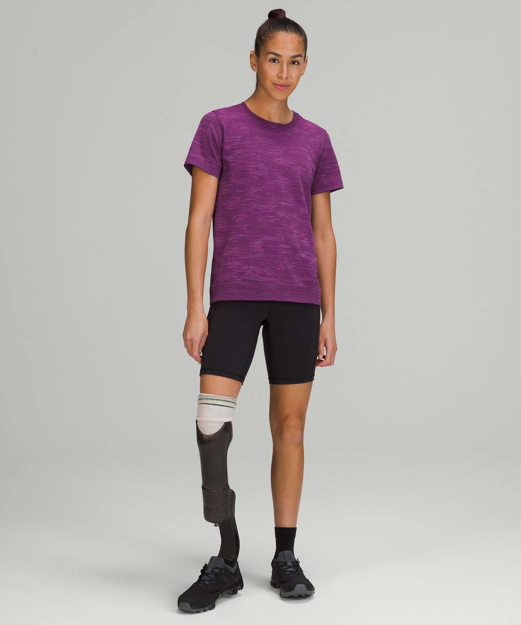 Lululemon Swiftly Relaxed Short Sleeve - Chroma Check Stripe Vivid Plum / Black / Vivid Plum Multi