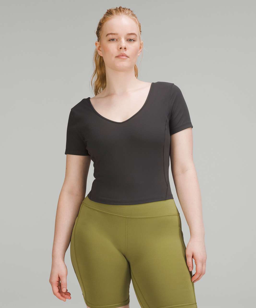 First purchase in 6 months!! LA Gathered Back T-shirt (10) in green fern,  paired w/ Align 8” HR short in graphite grey : r/lululemon