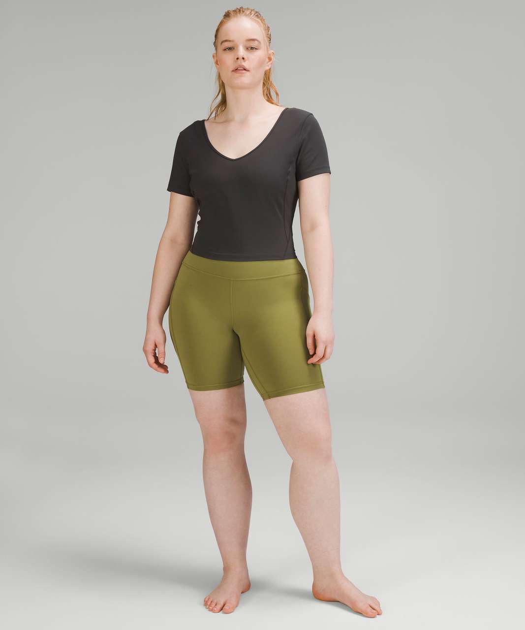 First purchase in 6 months!! LA Gathered Back T-shirt (10) in green fern,  paired w/ Align 8” HR short in graphite grey : r/lululemon