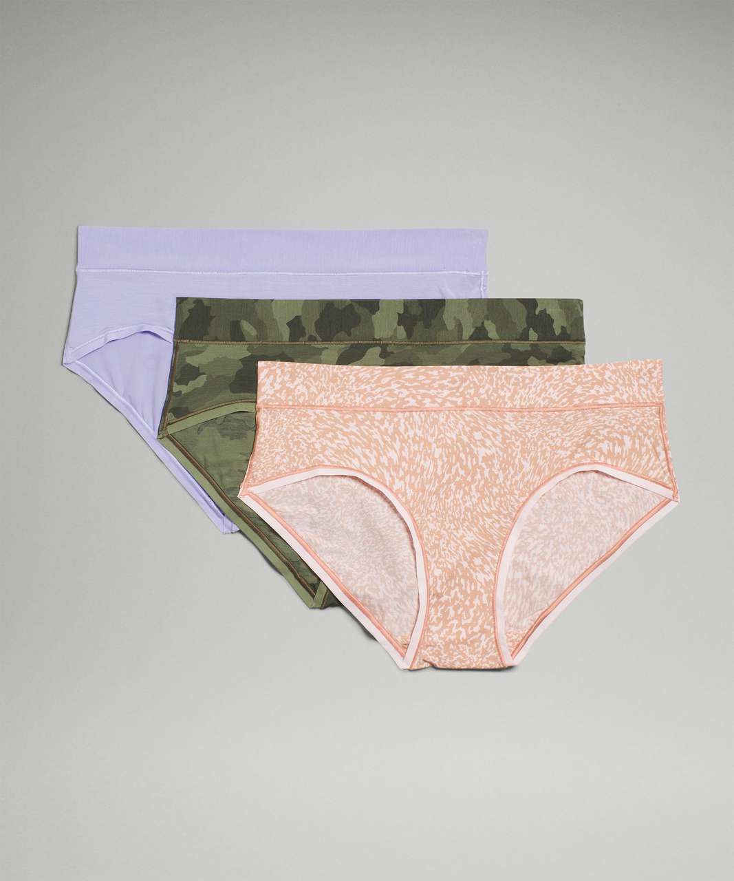 Lululemon UnderEase Mid-Rise Hipster Underwear 3 Pack - Lilac Smoke / Heritage 365 Camo Mini Green Twill Multi / Warped Grain Strawberry Milkshake Pink Clay