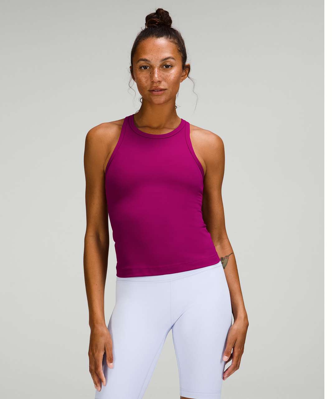 High neck align tank in pink taupe vs ebb to street crop in wisteria  purple, with relaxed high rise joggers in cassis! All size 6 : r/lululemon