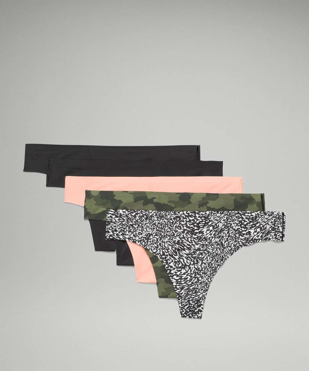 Lululemon InvisiWear Mid-Rise Thong Underwear 5 Pack - Black / Black / Dew Pink / Heritage 365 Camo Mini Medium Olive Multi / Warped Grain Alpine White Black