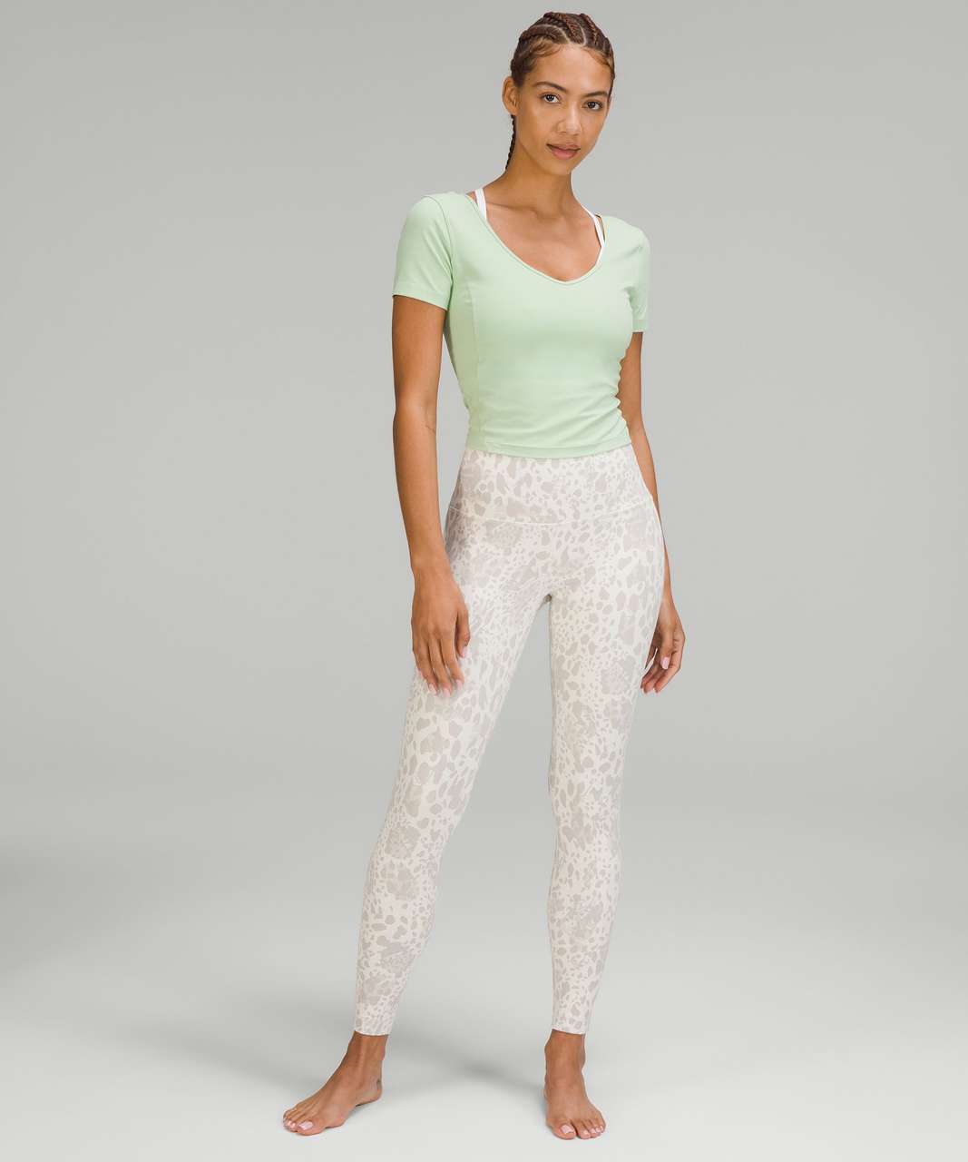 Cheetah Camo Antique White Multi, AKA the ONLY print you'll ever catch me  in LOL. Align Pants 25” (2) and Flow Y Bra (6, but I'm considering  exchanging it for the Align