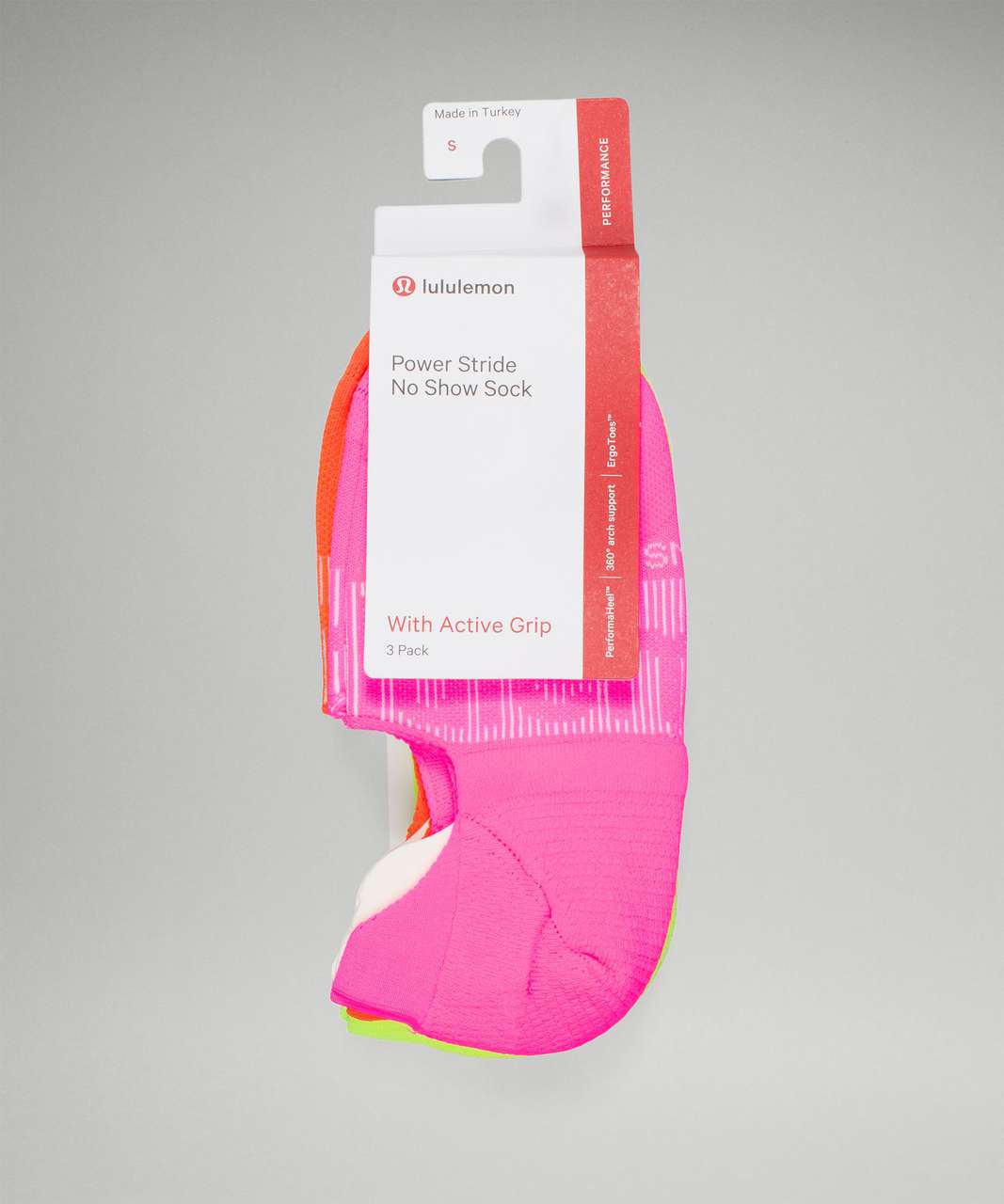 Lululemon Power Stride No-Show Sock with Active Grip 3 Pack - Highlight Pink / Highlight Yellow / Blaze Orange