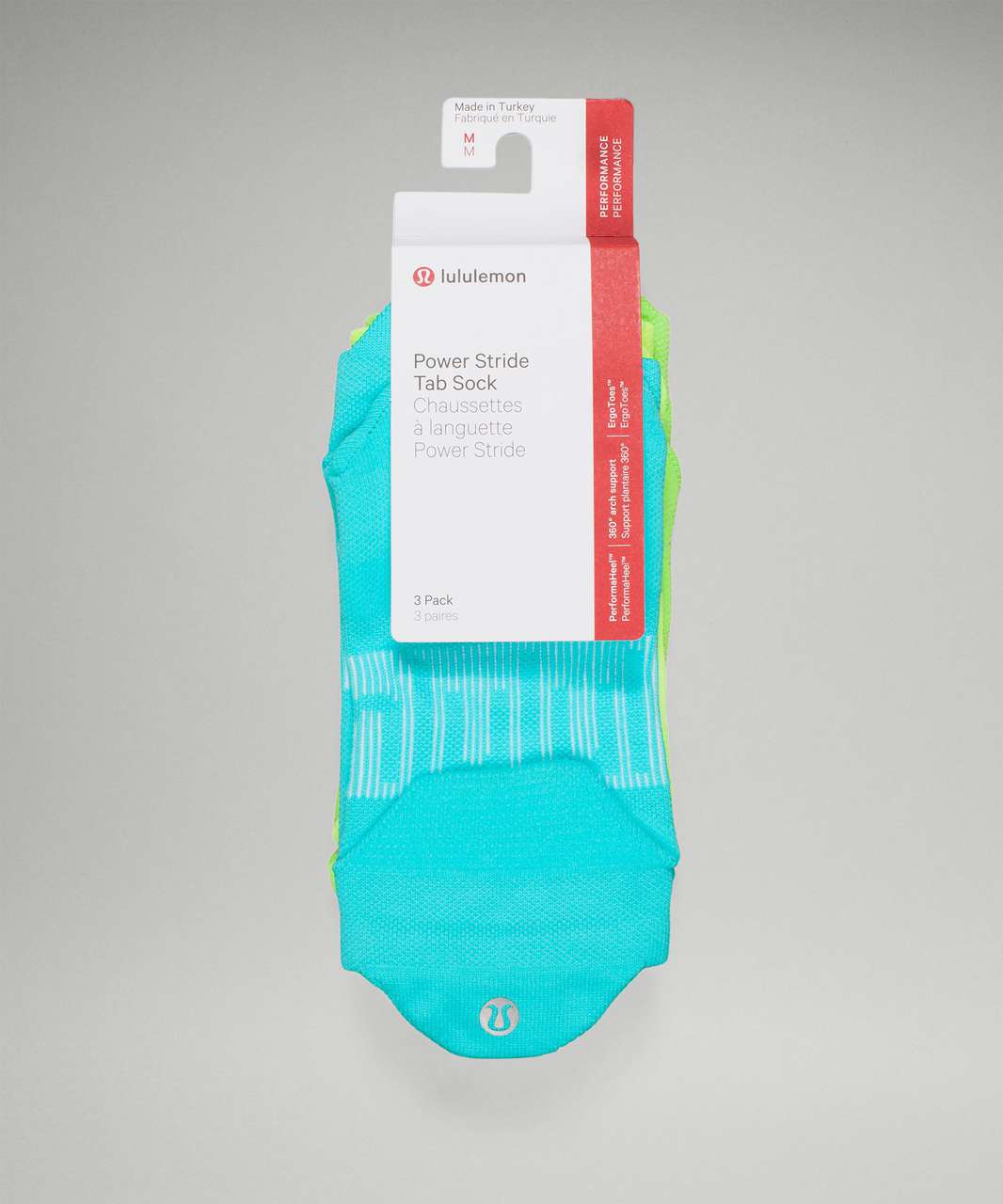 Lululemon Power Stride Tab Sock 3 Pack - Electric Turquoise / Absinthe / Highlight Yellow