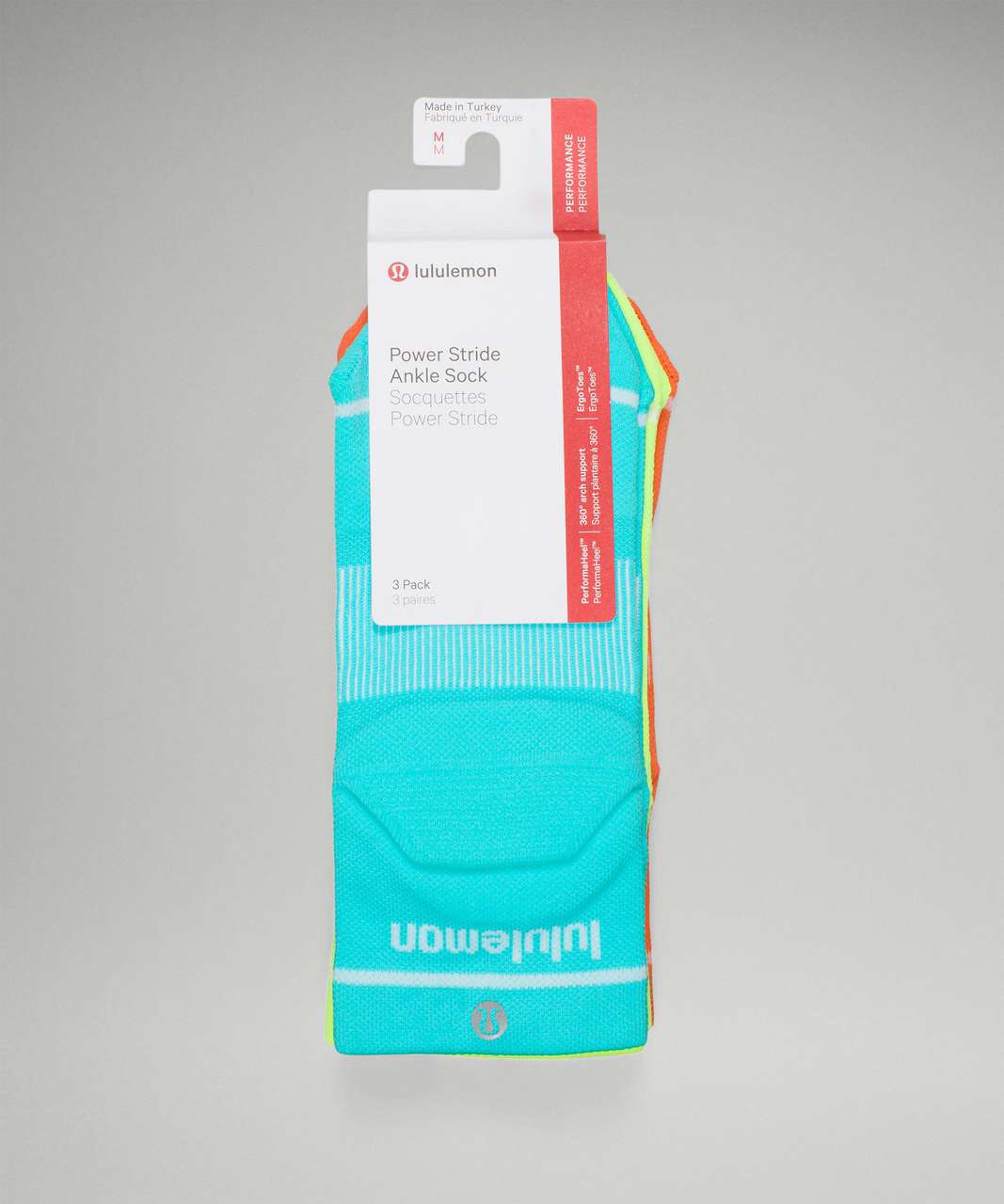 Lululemon Power Stride Ankle Sock 3 Pack *Stripe - Electric Turquoise / Highlight Yellow / Blaze Orange