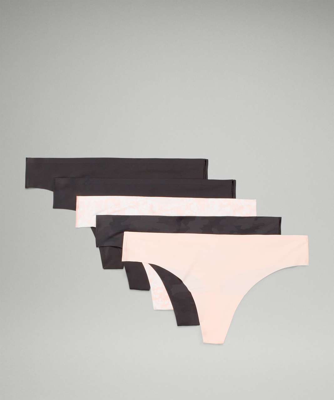 Lululemon InvisiWear Mid-Rise Thong Underwear 5 Pack - Black / Black / Engrave Mini WP Butter Pink / Heritage 365 Camo Mini Deep Coal Multi / Butter Pink