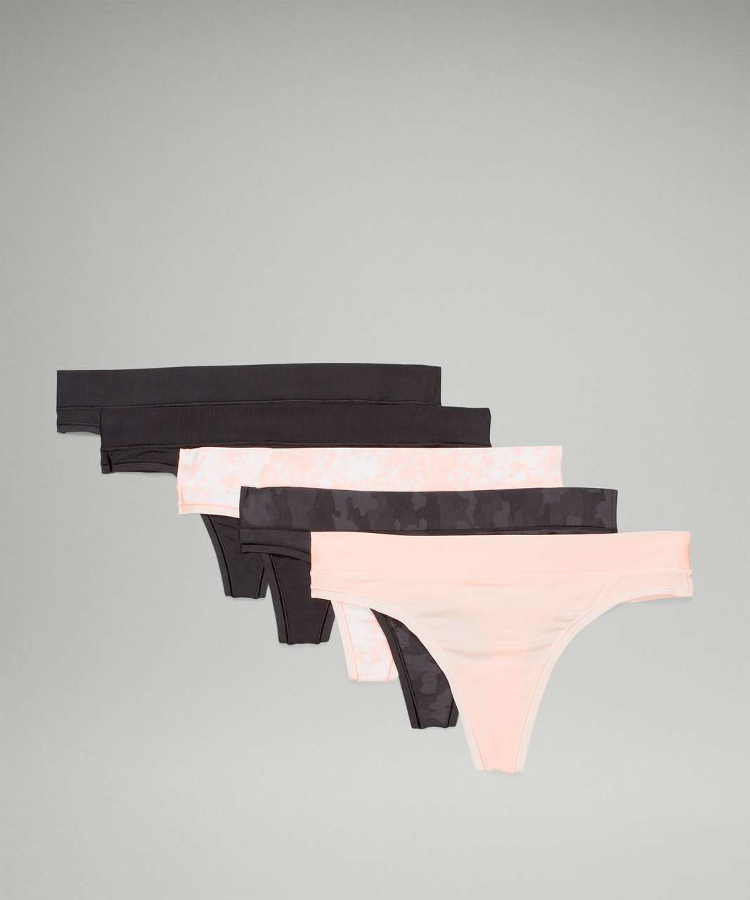 Lululemon UnderEase Mid-Rise Thong Underwear 5 Pack - Black / Black /  Engrave Mini WP Butter Pink / Heritage 365 Camo Mini Deep Coal Multi /  Butter Pink - lulu fanatics