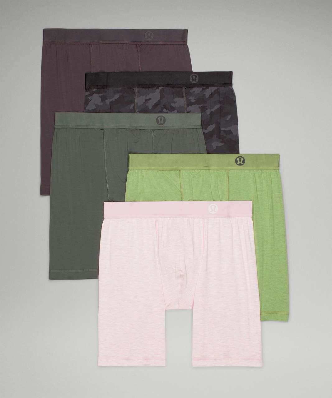 Lululemon Always In Motion Long Boxer 7 5 Pack - Heathered Pink Peony /  Black Granite / Heritage 365 Camo Mini Black Multi / Heathered Green  Foliage / Smoked Spruce - lulu fanatics