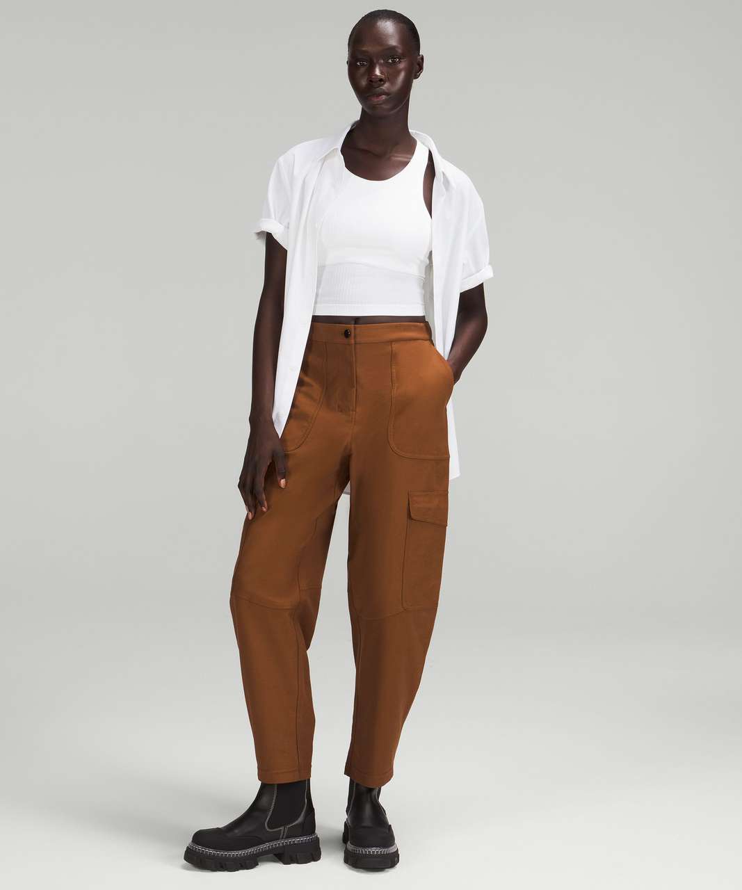 8 Pocket Brown Crop Top Cargo Pants Set