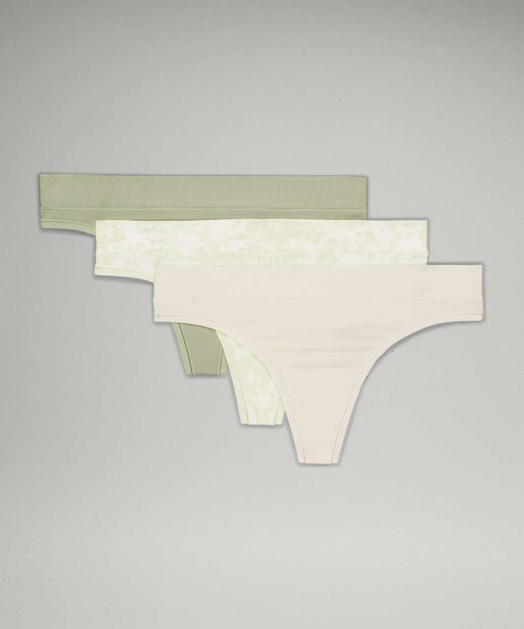 Lululemon UnderEase Mid-Rise Thong Underwear 3 Pack - Laurel Green / Engrave Mini WP Dewy / Natural Ivory