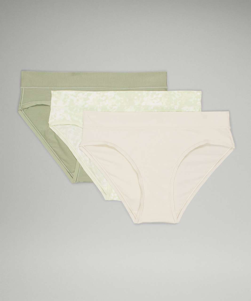 Lululemon UnderEase Mid-Rise Bikini Underwear 3 Pack - Laurel Green / Engrave Mini WP Dewy / Natural Ivory