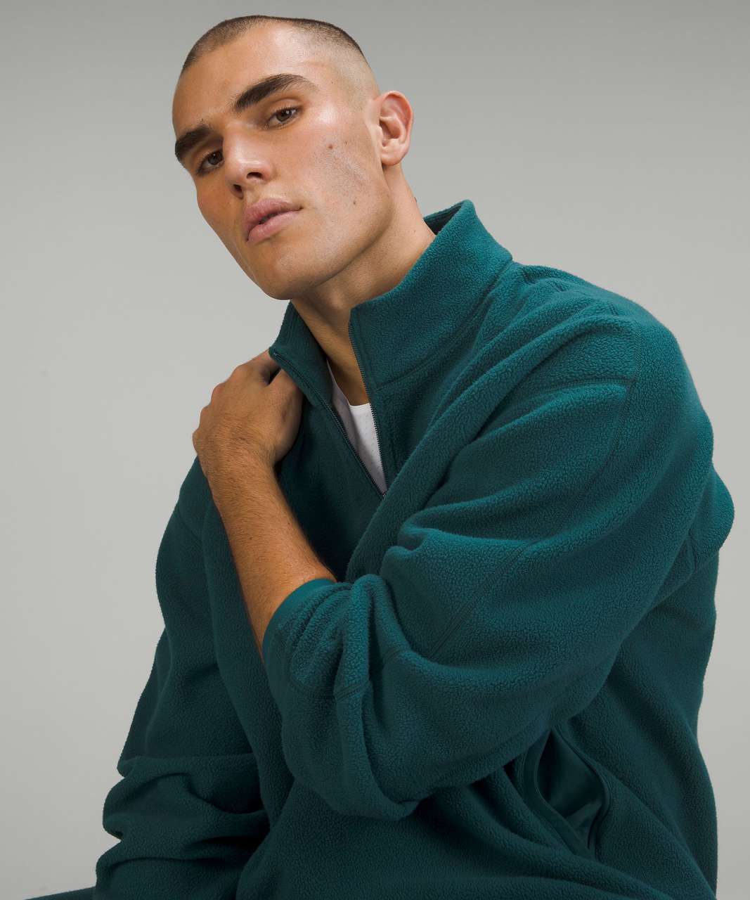 Cinchable fleece zip-up in green jasper. Size 2. I'm a converted