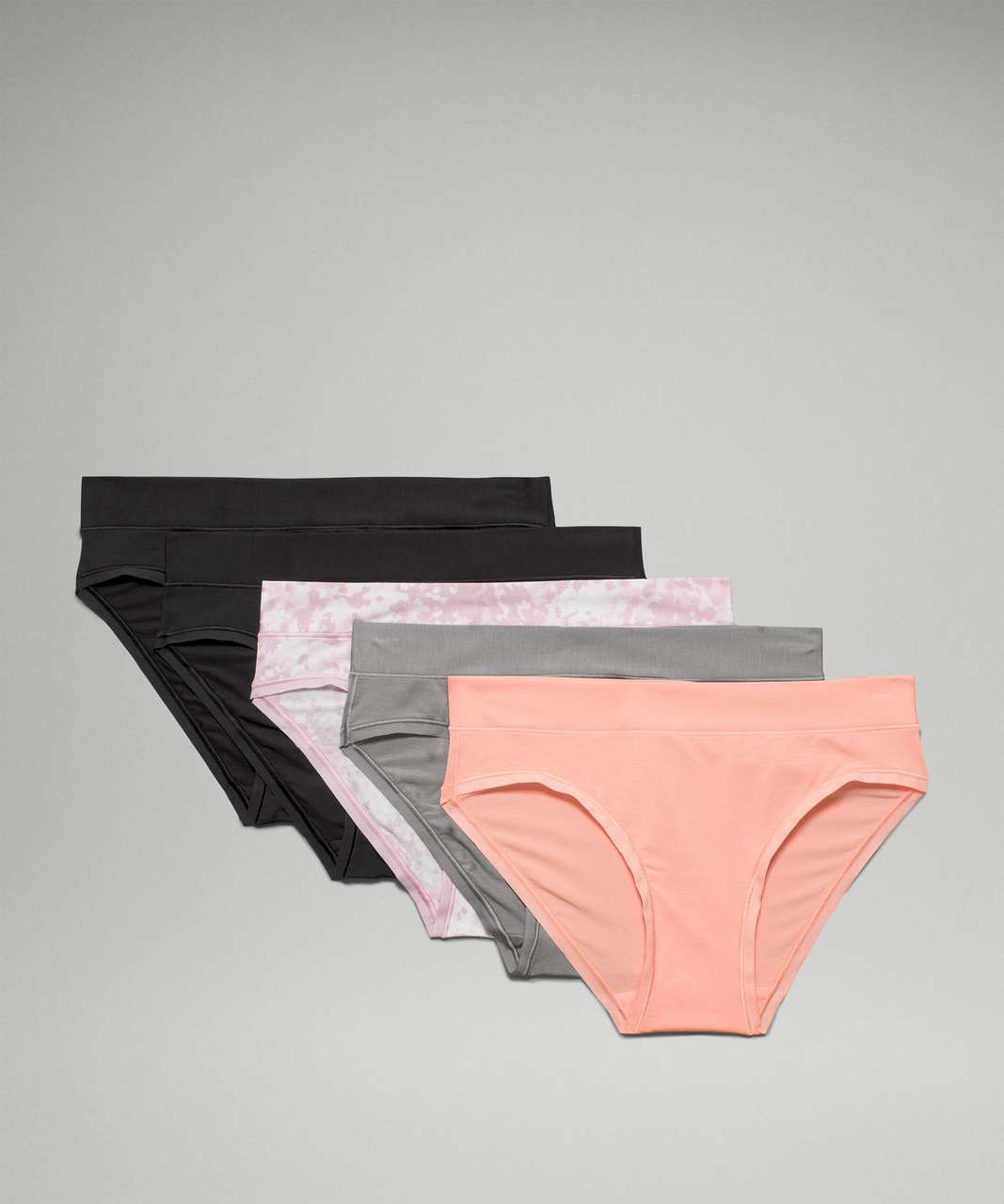 Lululemon UnderEase Mid-Rise Bikini Underwear 5 Pack - Black / Black / Dew Pink / Gull Grey / Engrave WP Mini Pink Peony