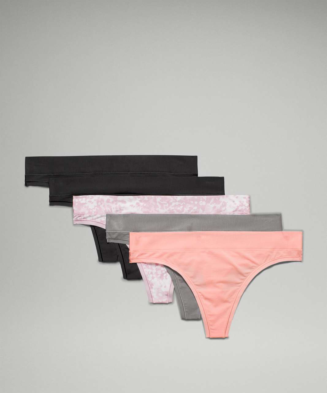 Lululemon UnderEase Mid-Rise Thong Underwear 5 Pack - Black / Black / Dew Pink / Gull Grey / Engrave WP Mini Pink Peony