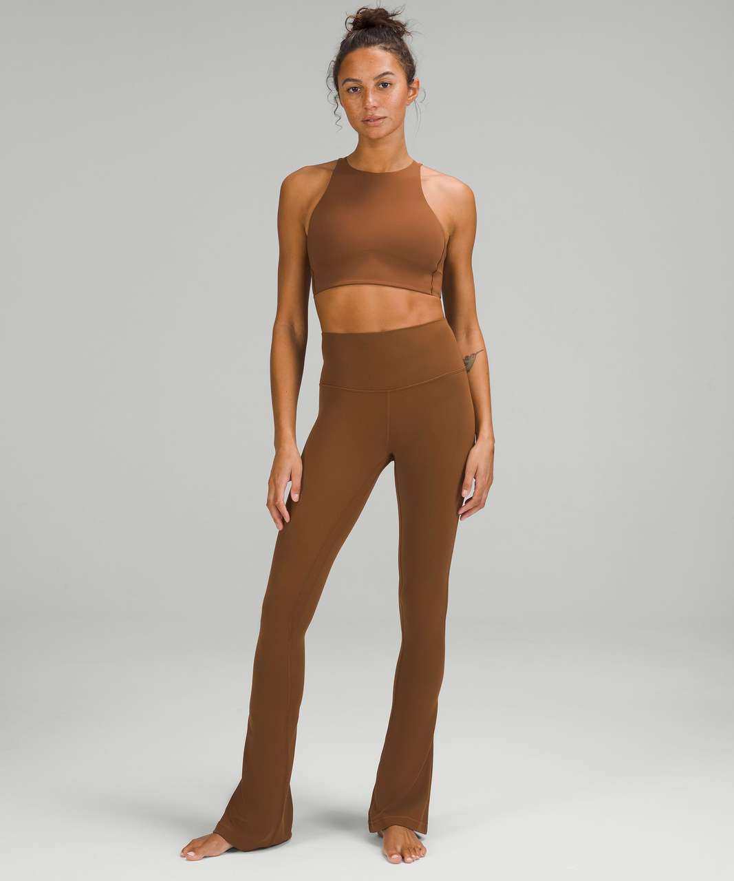 High Waisted Hook On Side Split Fitted Flare Trouser Brown I Lily Lulu