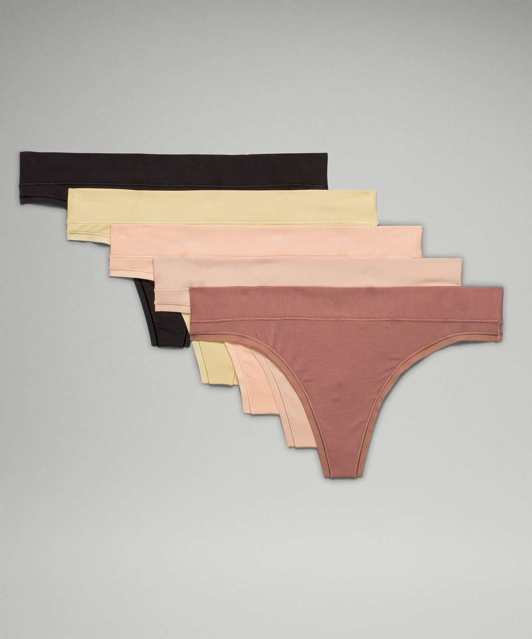 Lululemon UnderEase Mid-Rise Thong Underwear 5 Pack - Black / Sunbeam / Desert Dust / Misty Shell / Twilight Rose