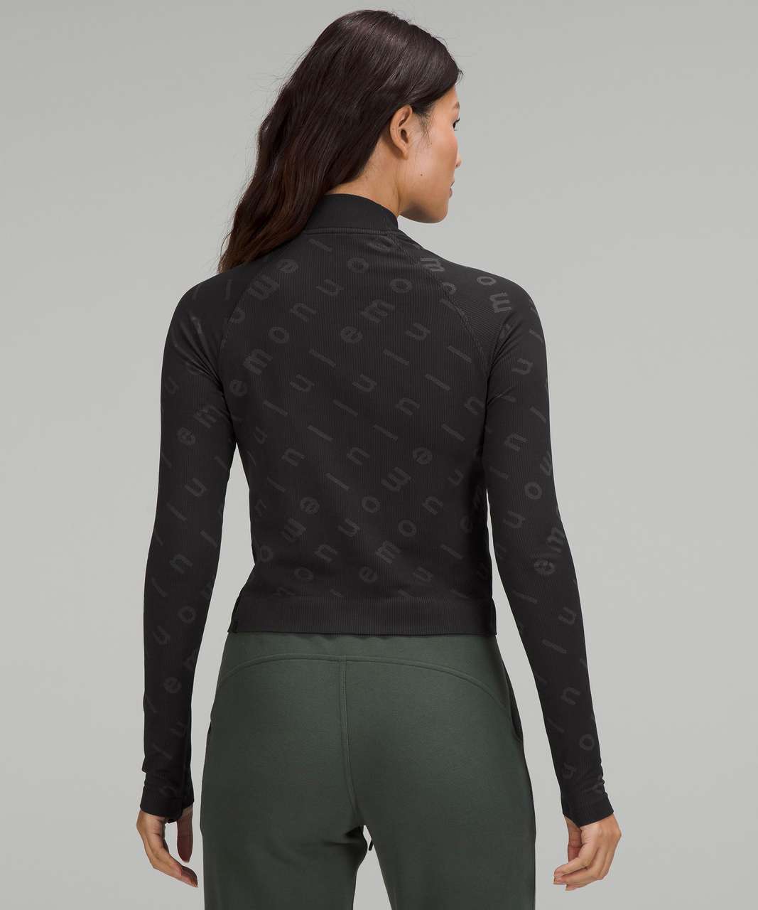 Lululemon Rest Less Cropped Half Zip - Logo Letter Black / Graphite Grey