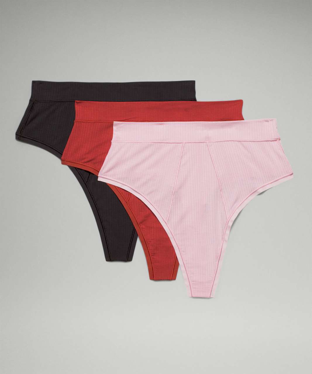 Lululemon UnderEase Ribbed High-Waist Thong Underwear 3 Pack - Black / RIB  / Pink Peony / RIB / Cayenne / RIB - lulu fanatics