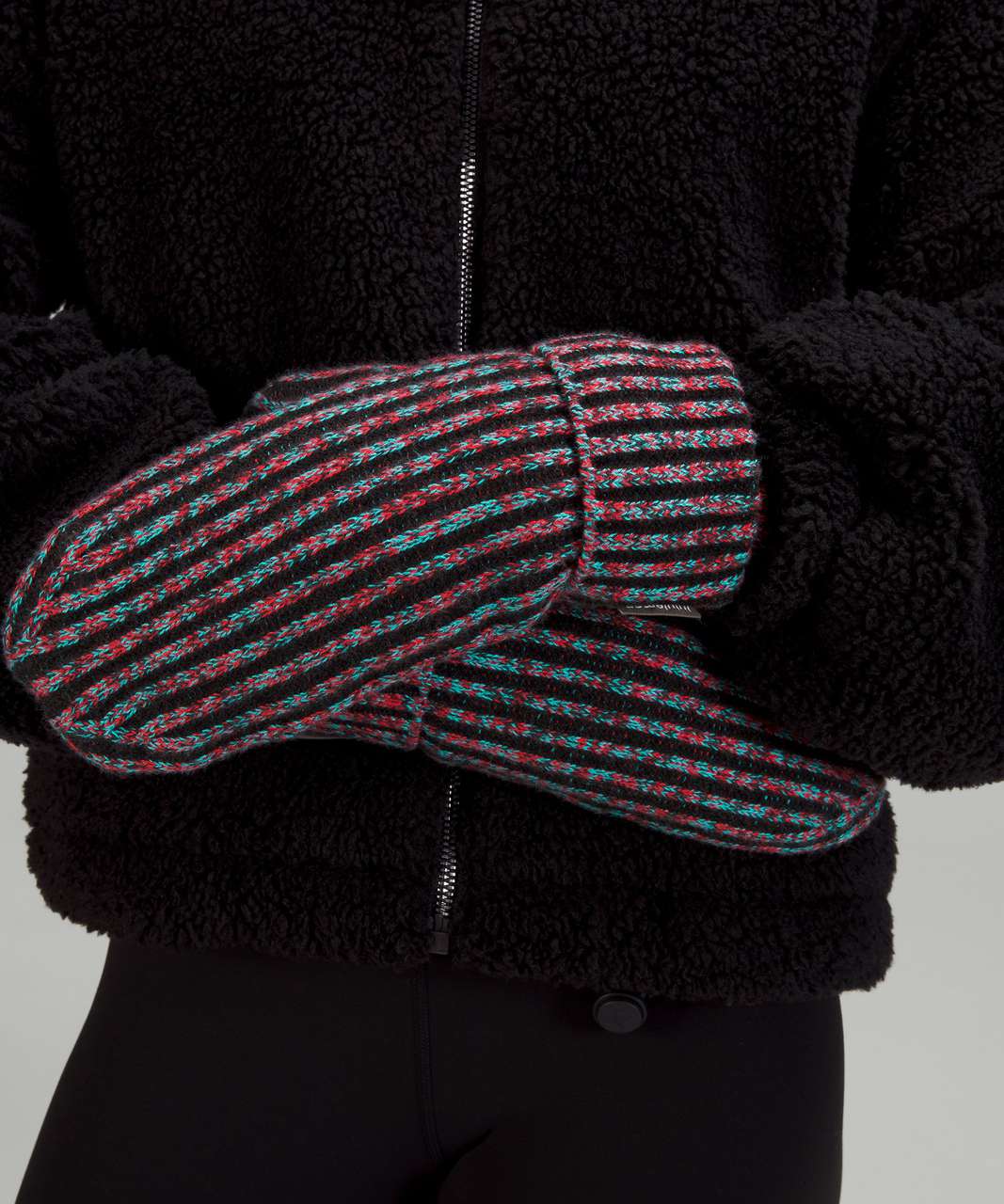 Lululemon Womens Textured Fleece-Lined Knit Mittens - Carnation Red / Black  Granite / Electric Turquoise / Dark Heather Grey - lulu fanatics