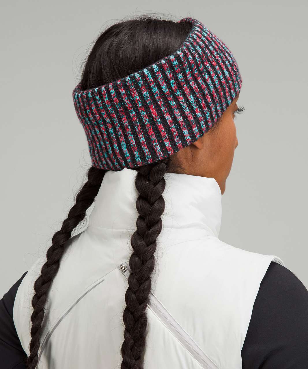 Lululemon Womens Textured Fleece-Lined Knit Ear Warmer - Carnation Red / Black Granite / Electric Turquoise / Dark Heather Grey