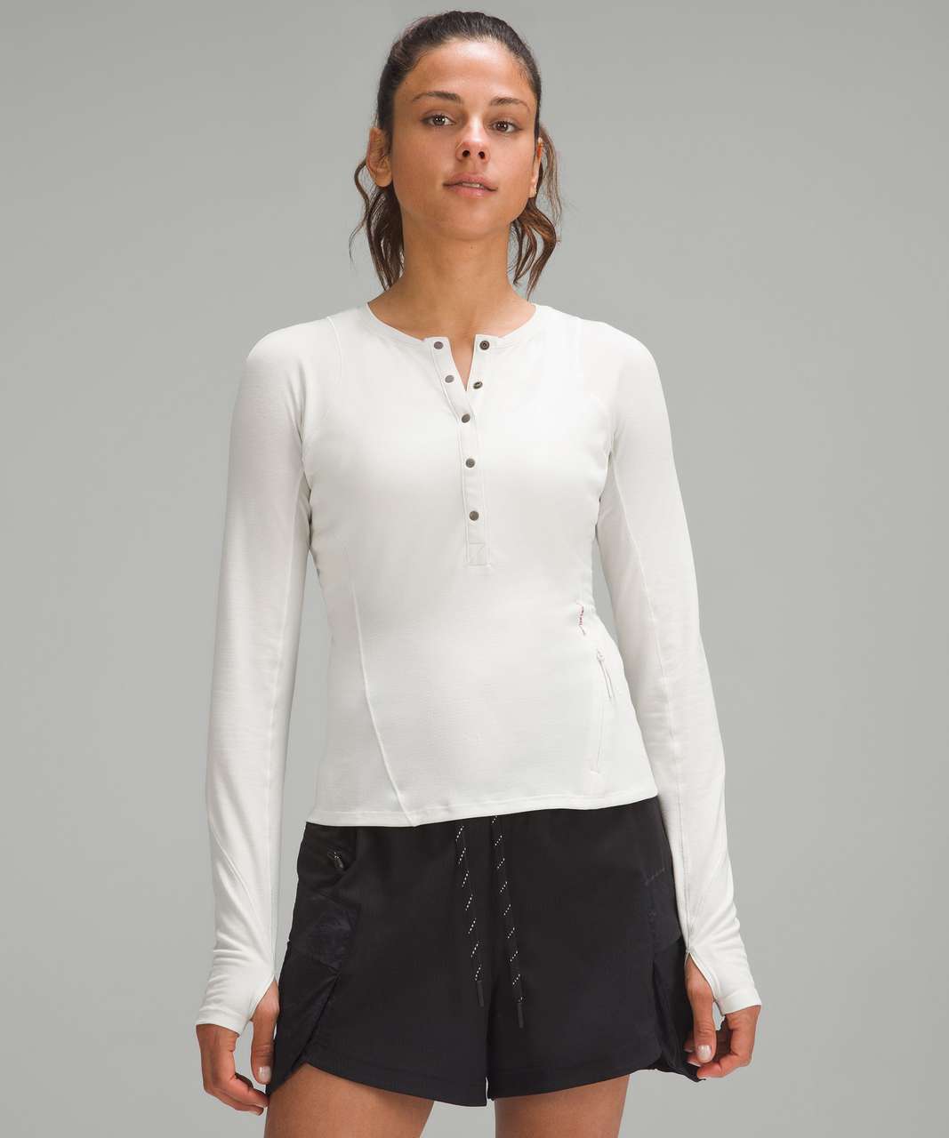 Lululemon Cropped Henley LS Heathered Asphalt Grey White On the