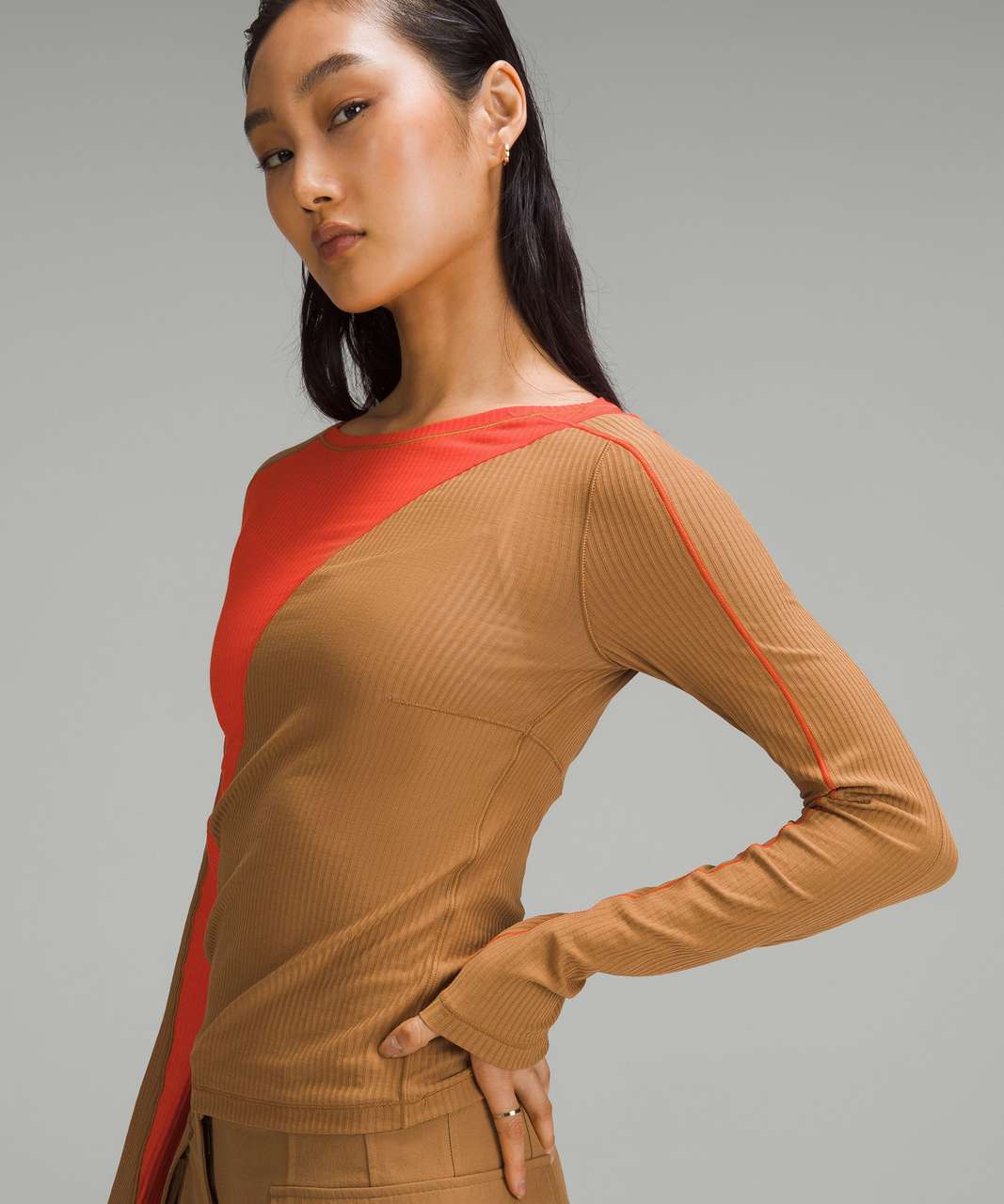 Lululemon Asymmetrical Ribbed Cotton Long-Sleeve Shirt - Bold Beige / Solar Orange
