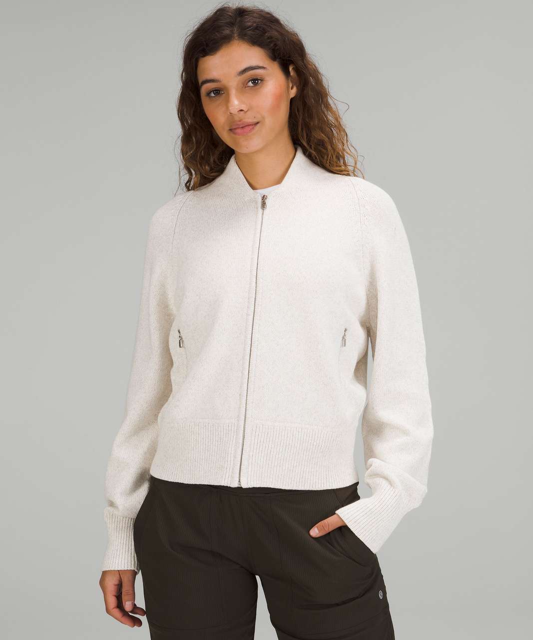 Lululemon Cotton-Blend Full-Zip Sweater - Heathered Bone - lulu fanatics