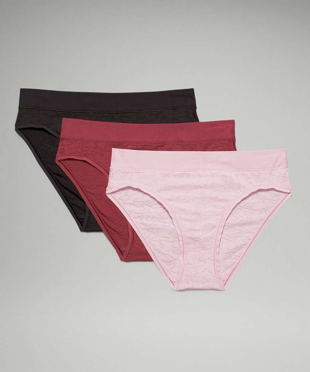 Lululemon UnderEase Mid-Rise Bikini Underwear Performance Lace *3 Pack - Black / Lace / Pink Peony / Lace / Mulled Wine / Lace