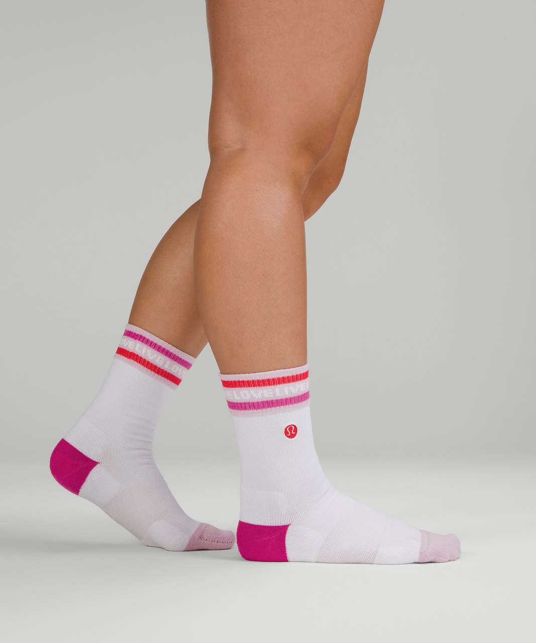 Lululemon Womens Daily Stride Comfort Crew Sock - White / Pink Peony - lulu  fanatics