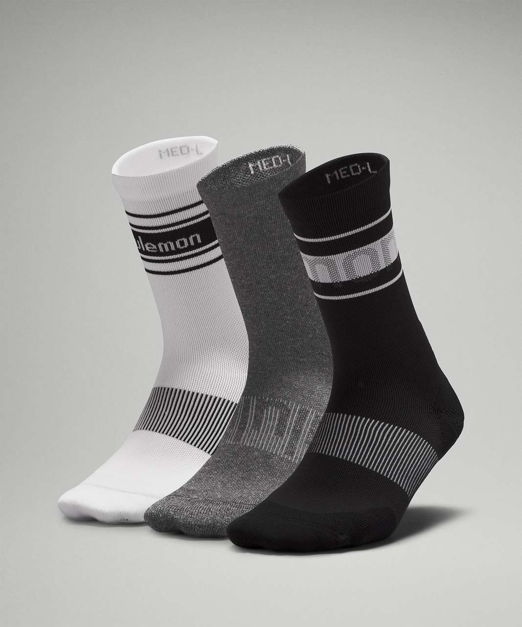 Lululemon Womens Power Stride Crew Sock 3 Pack - Black / Heather Grey / White