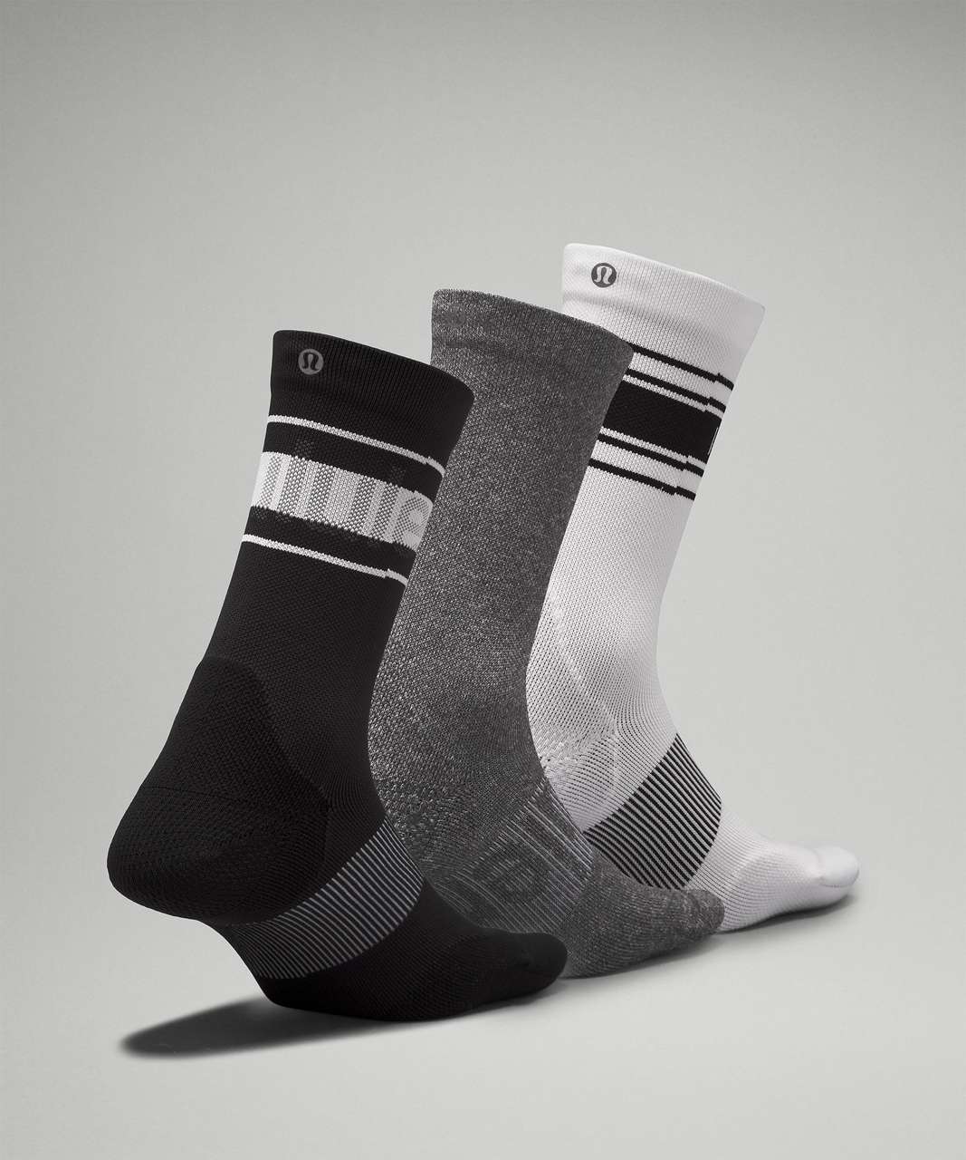 Lululemon Womens Power Stride Crew Sock 3 Pack - Black / Heather Grey / White