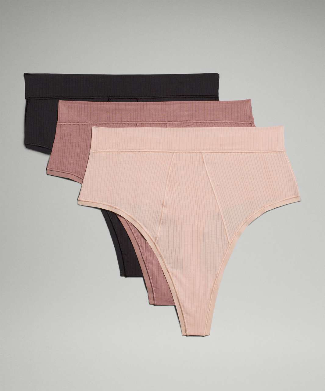 Lululemon UnderEase Ribbed High-Waist Thong Underwear *3 Pack - Black / RIB  / Twilight Rose / RIB / Misty Shell / RIB - lulu fanatics