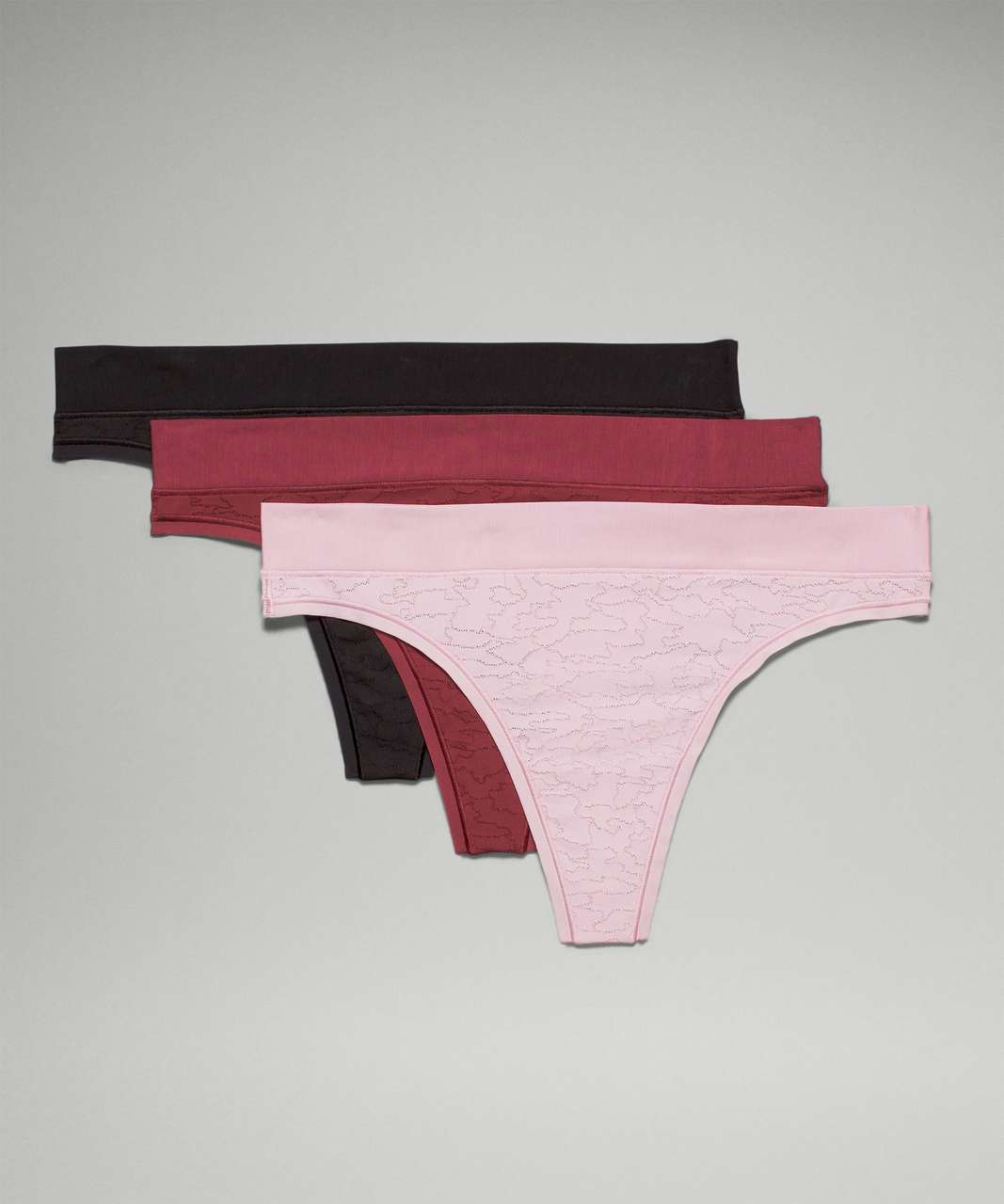 Lululemon UnderEase Mid-Rise Thong Underwear 3 Pack - Double Dimension  Starlight Black / Butter Pink / Black - lulu fanatics