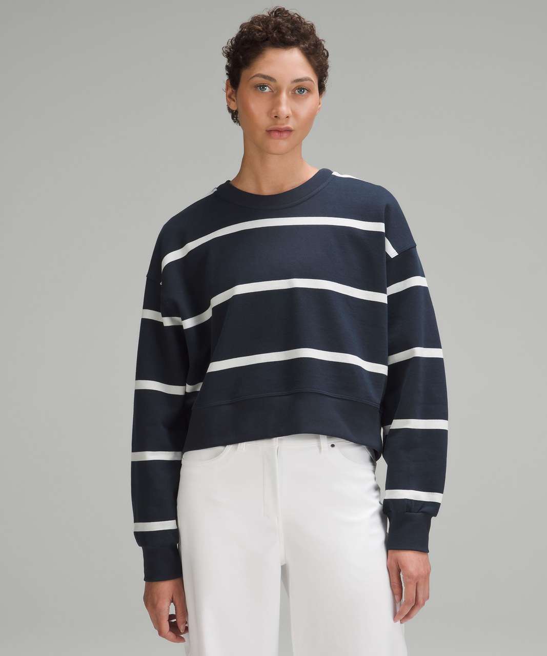 Lululemon Perfectly Oversized Cropped Crew *Stripe - Boundless Stripe True Navy Antique White