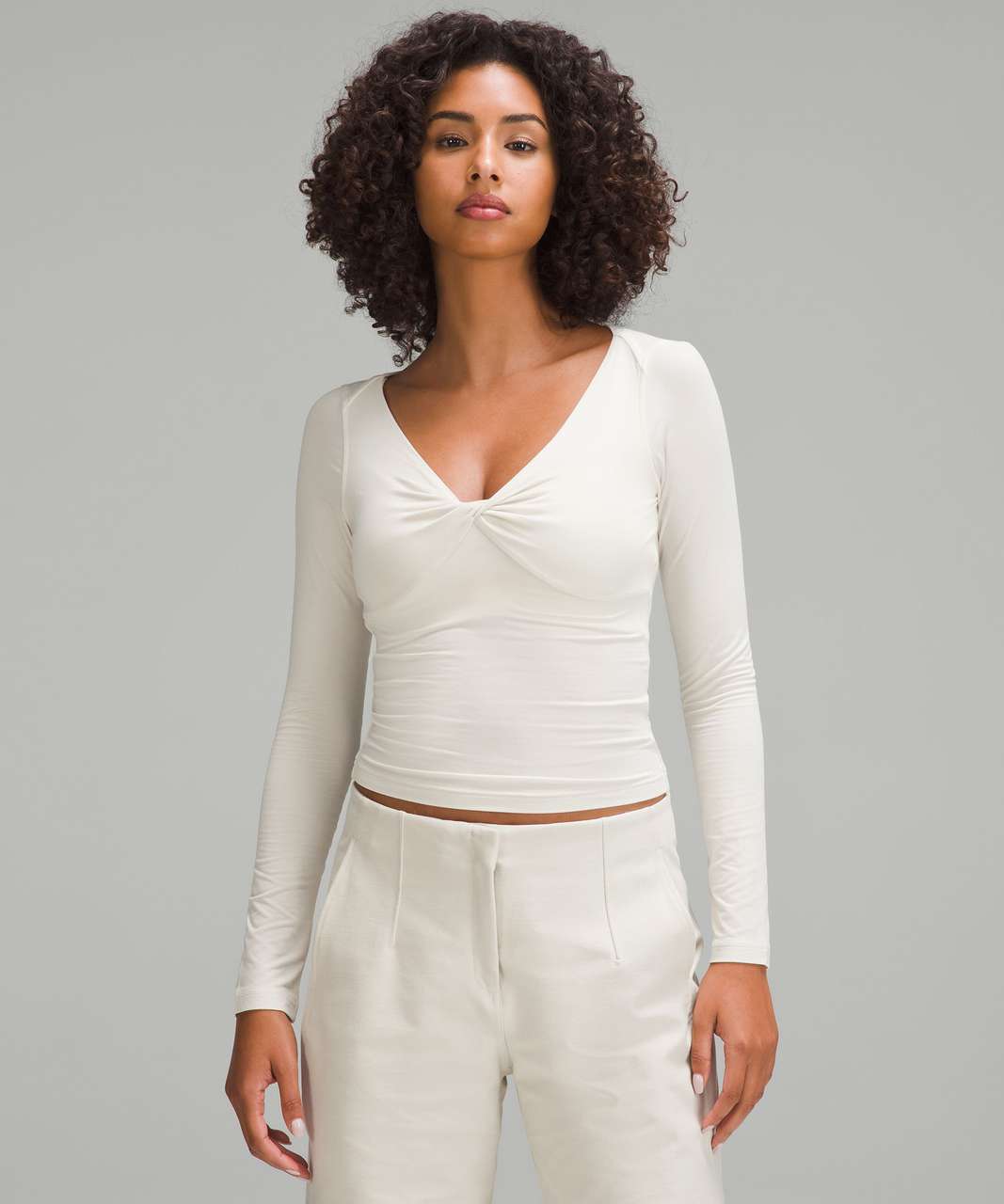 White Long Sleeve V Neck Crop Top