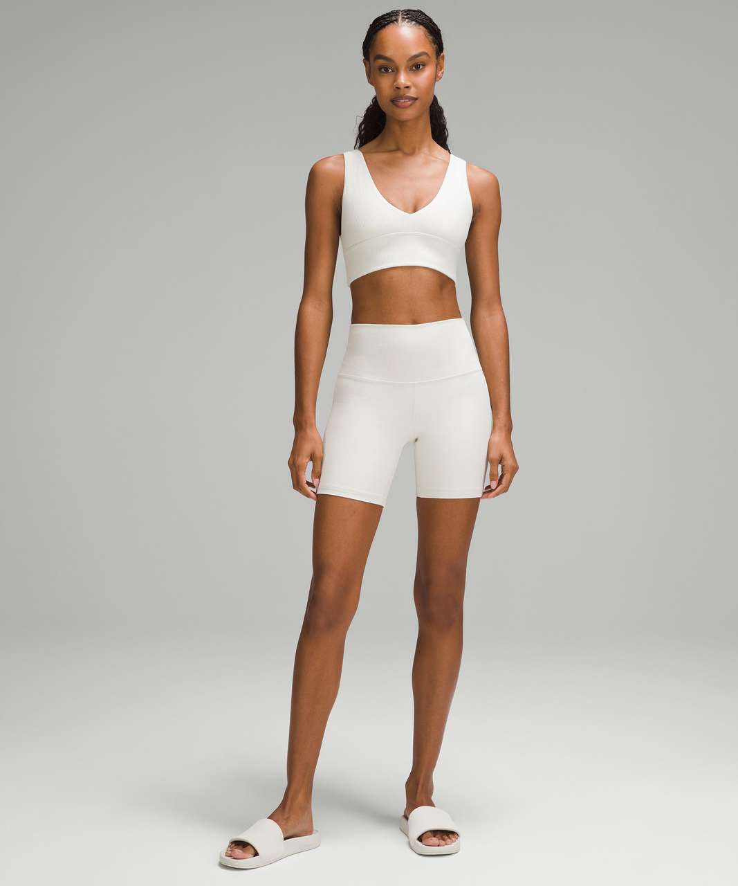 bone 6” align shorts (4) & white opal ribbed nulu high-neck yoga