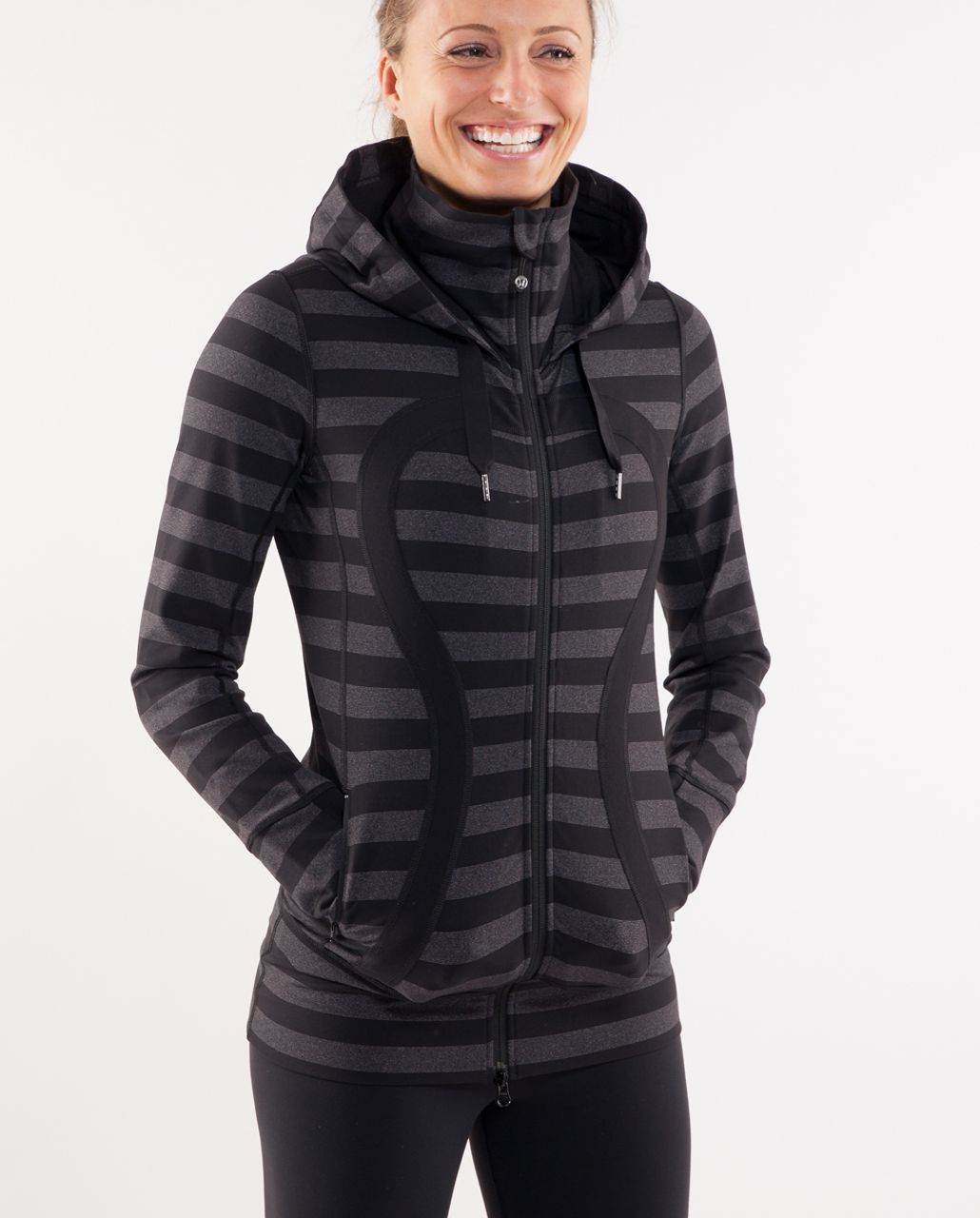 Buy the Lululemon Stride Jacket Full Zip Hoodie Black Grey Macro Stripe Sz  4