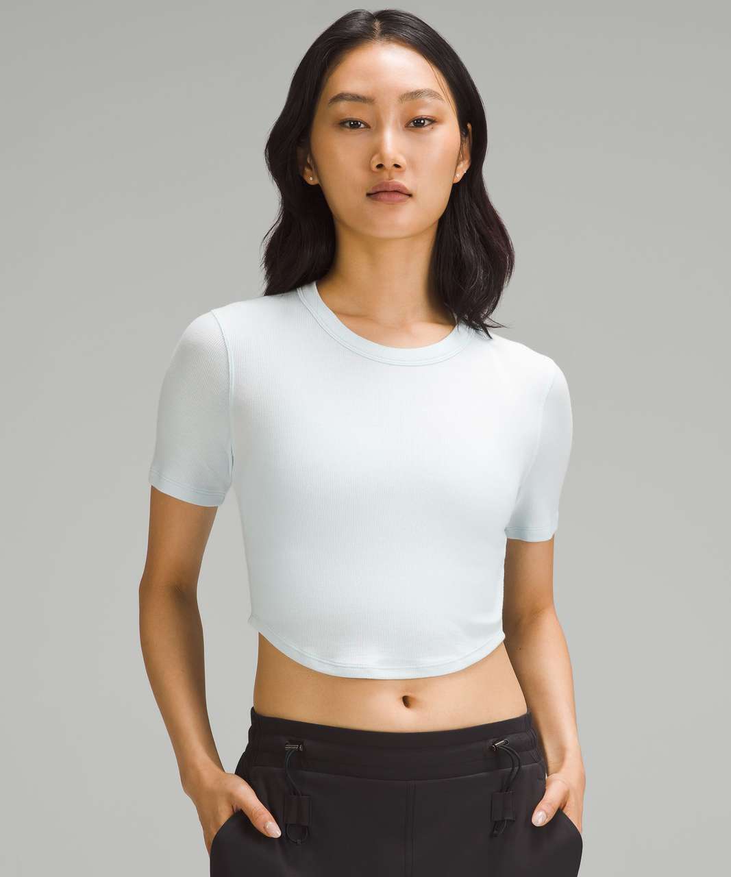 Buy the Lululemon Women's Athletica Light Grey V-Neck Blouse Top Size 8