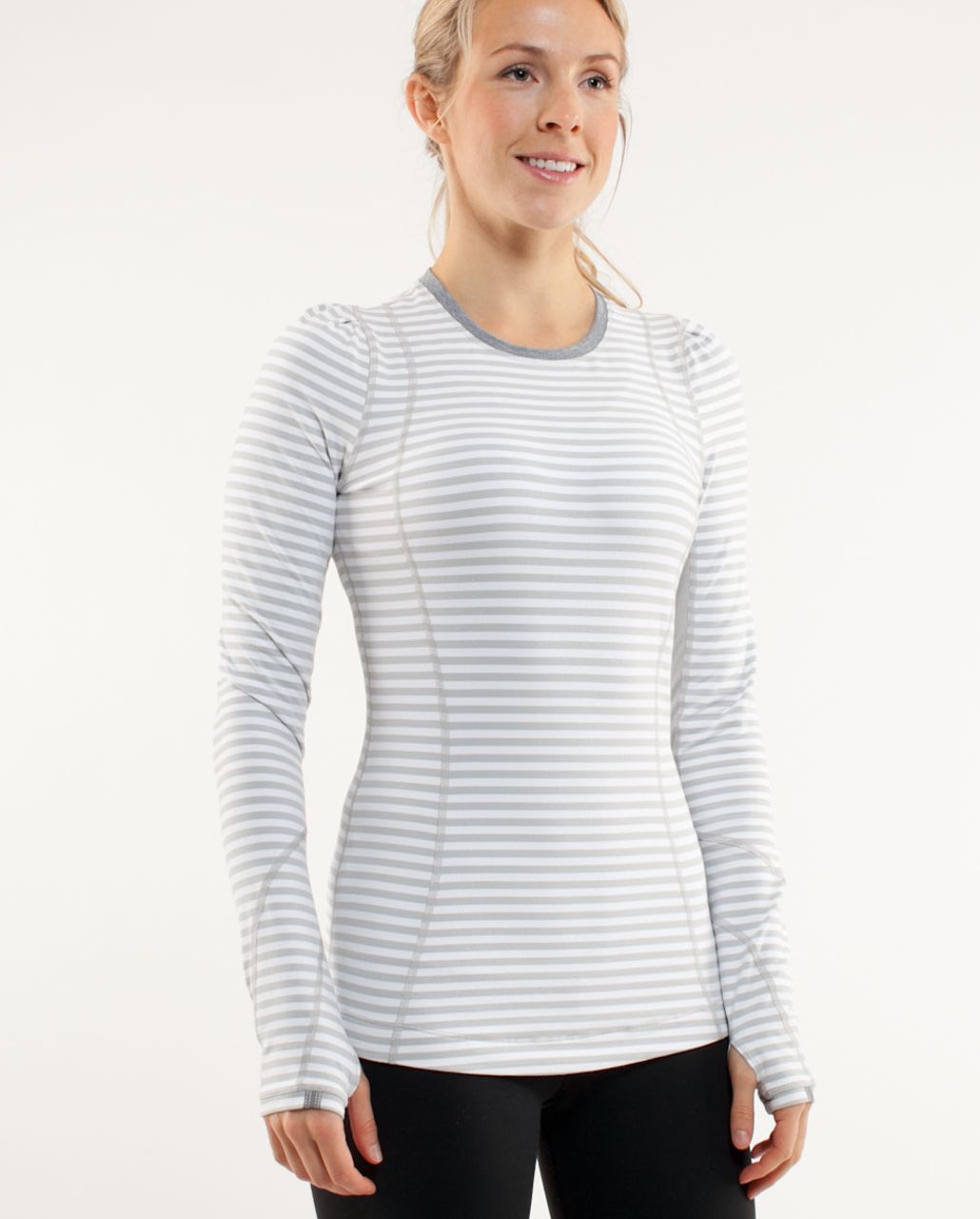 Lululemon Run:  Back On Track Long Sleeve Tech - Silver Spoon White Narrow Bold Multi Stripe /  Heathered Silver Spoon