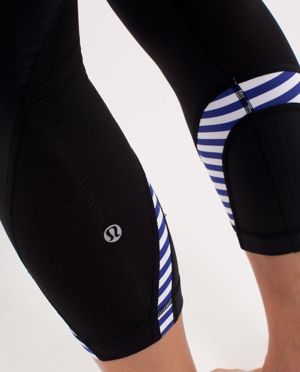 Lululemon Run:  Inspire Crop II - Black /  Pigment Blue White Narrow Bold Stripe /  Heathered Pigment Blue