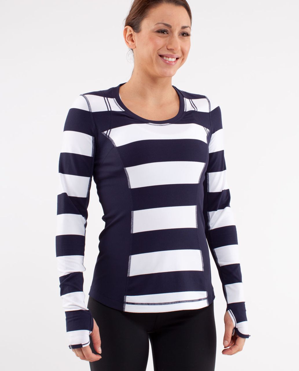 Lululemon Run:  Switch Back Long Sleeve - Wide Bold Stripe White Deep Indigo /  Deep Indigo