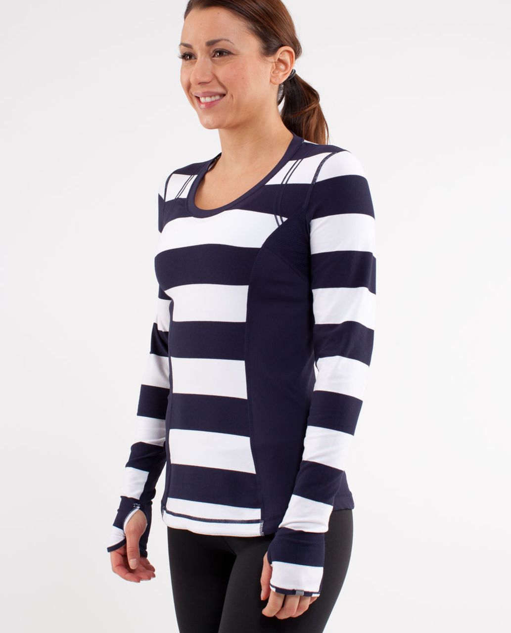 Lululemon Run:  Switch Back Long Sleeve - Wide Bold Stripe White Deep Indigo /  Deep Indigo