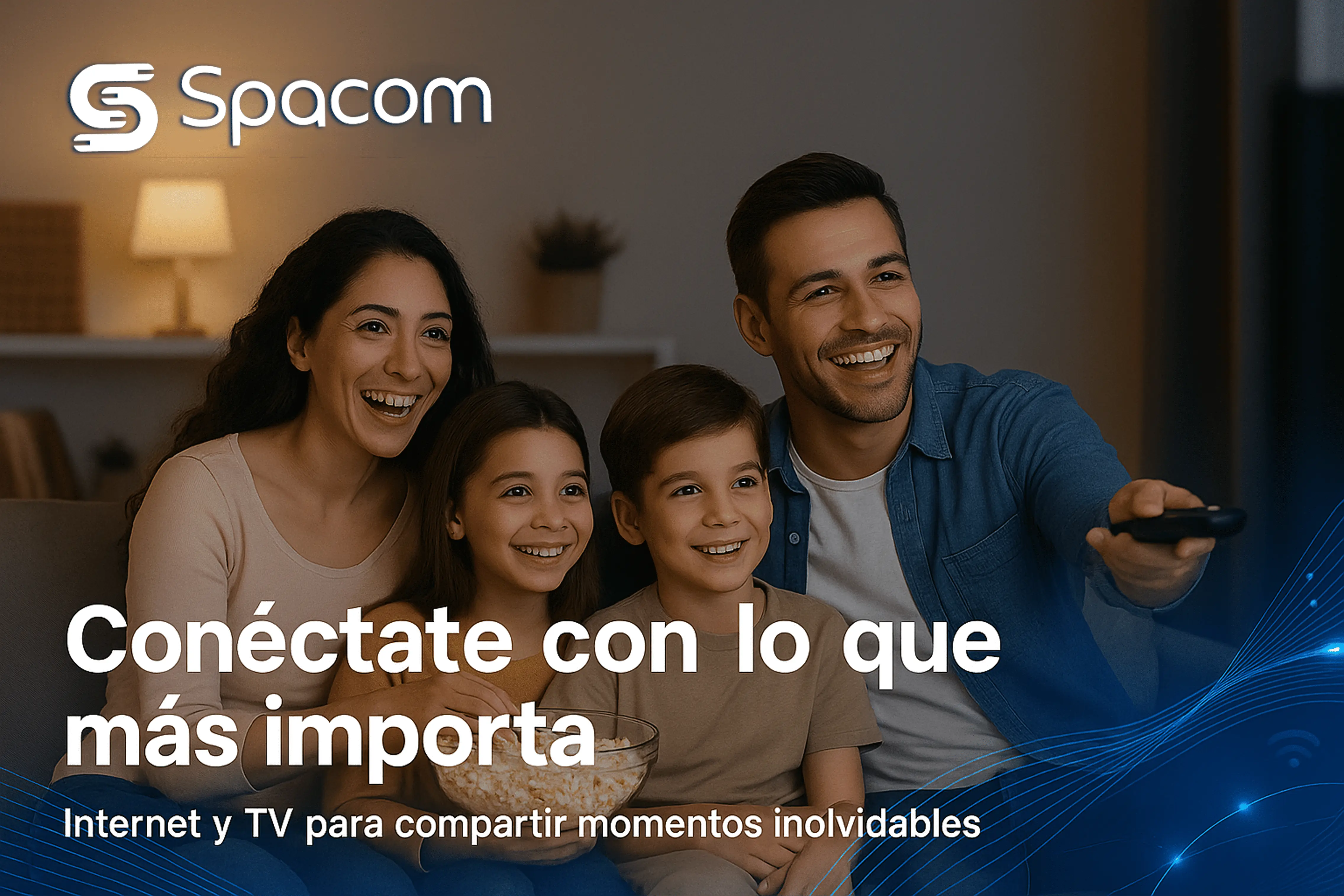 Familia disfrutando de internet y TV