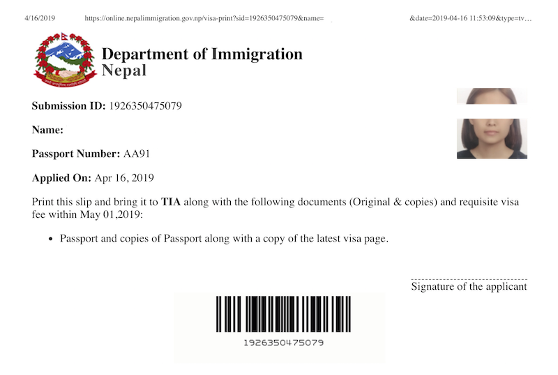 Nepal Visa Online Application Form confirmation